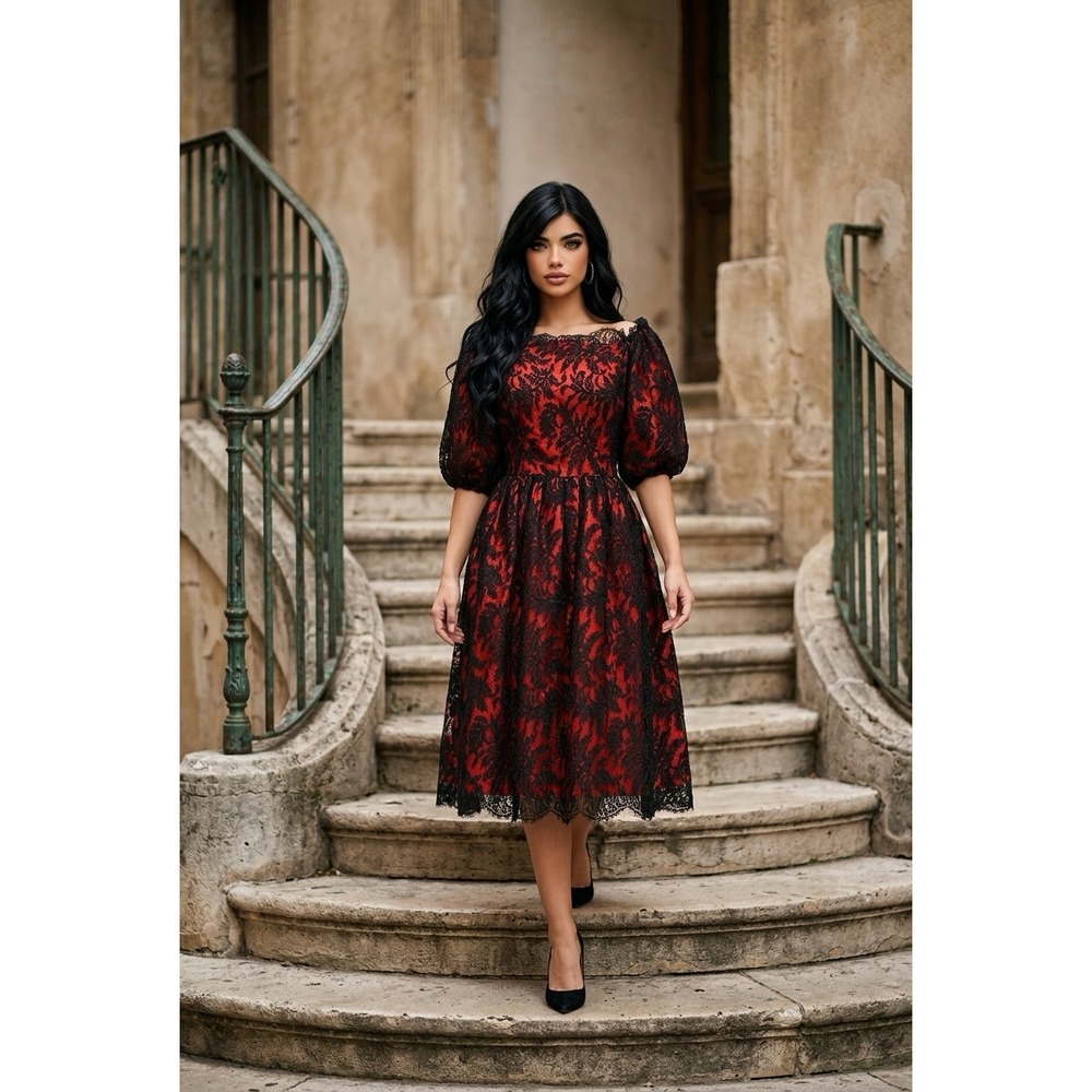 Vintage 1980's Red Black Lace Puff‎ Sleeve Midi Fit Flare Dress